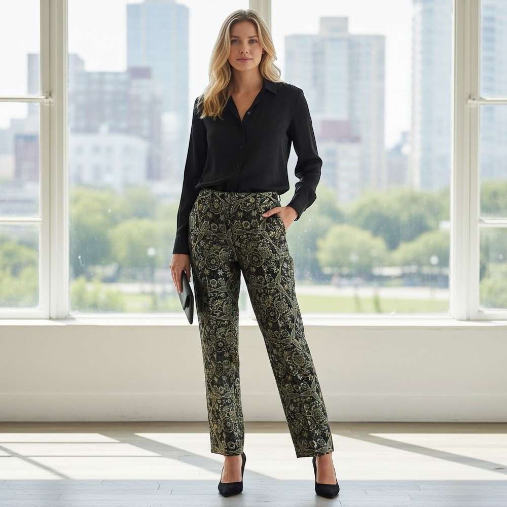 Etcetera Women 10 Dress Pants Black Silver Gold Floral Brocade Metallic Trousers